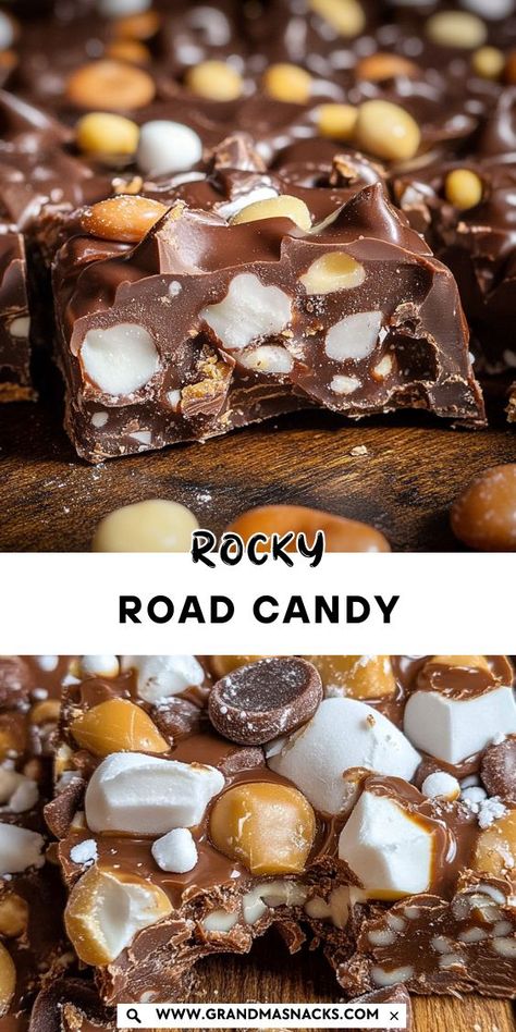 Make your own Indulgent Rocky Road Candy with this easy recipe! This delightful treat combines creamy chocolate, fluffy marshmallows, and crunchy nuts for a texture-packed treat that’s irresistible. Rocky Road Bark Recipe, Rocky Road Cookies Easy, Rocky Road Candy Easy, Rocky Road Dessert Recipes, S’more Bark, Rocky Road Bark, Rocky Road Bars Marshmallows, Easy Rocky Road Fudge, Christmas Rocky Road Recipe