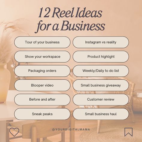 Need some ideas for reels? 🎥 Here’s 12 Instagram Reel Ideas for a Business 👩‍💼 • Tour of your business • Show your workspace • Packaging orders • Blooper video • Before and after • Sneak peaks • Instagram vs reality • Product highlight • Weekly/daily to do list • Small business giveaway • Customer review • Small business haul You can also use these ideas for the clock app! Save this for later and follow @yourdigitalmama for all things life & business! #socialmediatips #socialm... App For Small Business, Customer Giveaways Ideas, Small Business Video Ideas, Poster Ideas For Business, Business Reels Ideas, Reel Ideas For Small Business, Giveaway Ideas For Small Business, Hair Revamping, Ideas For A Business