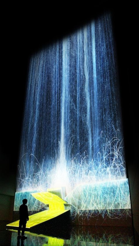 Digital Waterfall Projected On A Satellite Gives The Illusion Of Weightlessness - Creators Projection Mapping Installation, Team Lab, Light Waterfall, Water Projection, Projection Installation, Waterfall Project, Waterfall Pond, Light Art Installation, Digital Projection