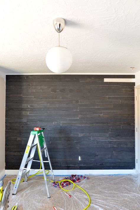 Vintage Revivals | Come to the Dark Side JoJo: How to DIY Black Shiplap Shiplap Wallpaper Accent Wall, Black Shiplap Accent Wall, Wallpaper Accent Wall Ideas, Painted Shiplap, Shiplap Wallpaper, Stained Shiplap, Shiplap Bedroom, Black Shiplap, Painting Shiplap