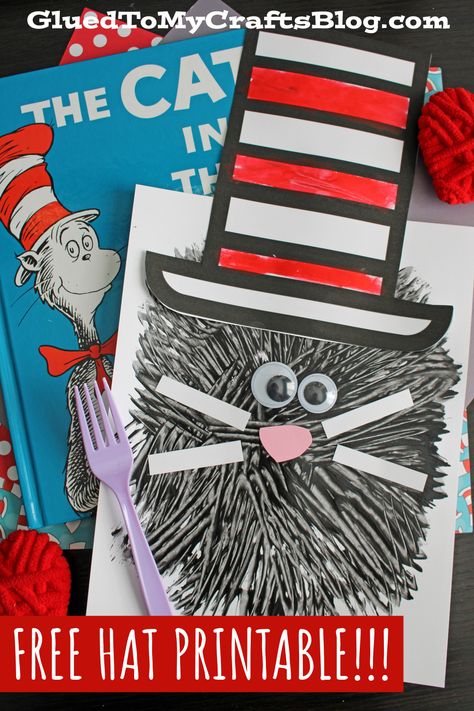 Fork Painted Cat In The Hat Craft Idea - Glued To My Crafts Cat In The Hat Handprint Craft, Read Across America Week Crafts, Cat And The Hat Crafts For Preschoolers, Cat In The Hat Sensory Bin, Cat In The Hat Preschool Activities, Book Character Crafts, Dr Suess Activities, Cat In The Hat Activities, Headstart Activities