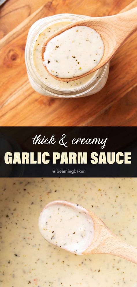 Thick, creamy garlic parmesan sauce is packed with decadent garlic, parmesan, and heavy cream. Delicious over pasta, as a dip, and more! Heavenly flavor. Perfect balance of garlic cheesiness with seasonings. | Recipe at BeamingBaker.com Pizza Pizza Garlic Dipping Sauce, Keto Garlic Cream Sauce, Quick Parmesan Sauce, Shaved Parmesan Recipes, Homemade Already Sauce, Creamy Garlic Dip, Creamy Garlic Parmesan Wings Sauce, Homemade Creamy Garlic Sauce, Cream Cheese Sauce Recipes