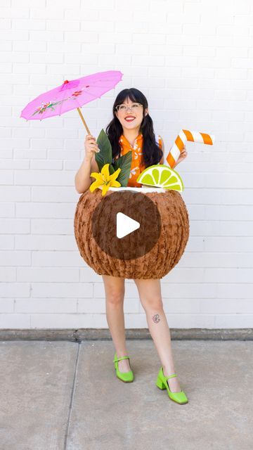 Michaels Stores on Instagram: "POV: You make the cutest coconut drink costume🥥🍹✨

@aww.sam #makeitwithmichaels #michaelsstores #diycostume #diyhalloweencostume #halloweencostume" Pina Colada Costume, Pina Colada Costume Diy, Summer Costume Ideas, Coconut Costume, Margaritaville Halloween Costume, Margarita Halloween Costume, Tropical Halloween Costume, Diy Kakamora Coconut Costume, Drink Umbrellas