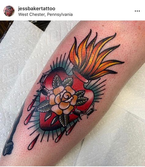 Small Traditional Tattoo, Heart Tattoo Ideas, Gap Filler Tattoo, Sacred Heart Tattoo, Red Flower Tattoos, Simple Heart Tattoos, Filler Tattoo, Sacred Heart Tattoos, Bright Tattoos