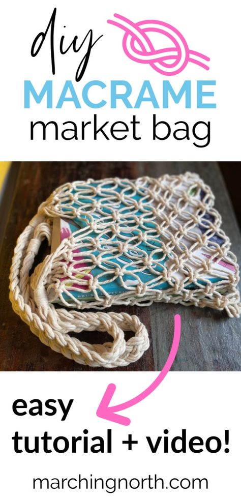 This DIY Macrame market bag pattern is such a fun project that's perfect for beginners or more advanced knotters! I'll walk you step by step through how to make this macrame bag tutorial using simple knots, and there's even a video to make it crystal clear.  If you're looking for an easy modern macrame pattern with a boho vibe, this is it! Perfect for carrying produce at the grocery store or taking your books to the library!| free pattern | simple #macrame Diy Macrame Bag, Macrame Market Bag, Macrame Bag Tutorial, Market Bag Pattern, Diy Macrame Wall Hanging, Modern Knitting Patterns, Macrame Plant Hanger Tutorial, Simple Macrame, Macrame Knots Tutorial