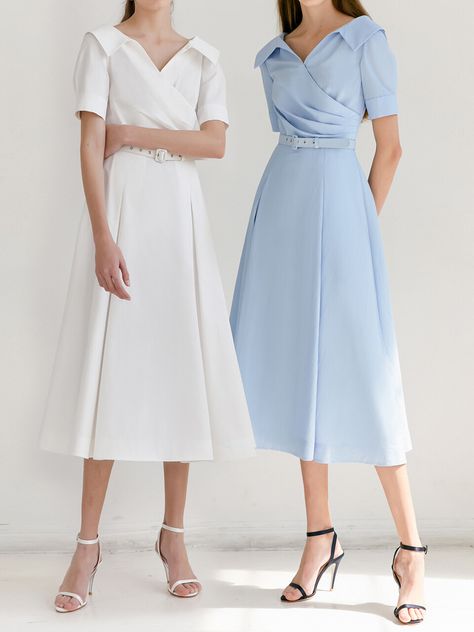 Work Attire Women, Godet Dress, Blue Colour Dress, V Neck Collar, Rent Dresses, Dress Light Blue, Uniform Dress, Elegant Midi Dresses, Long Frocks