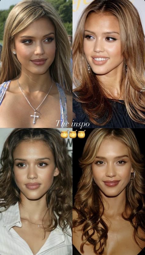 Jessica Alba Face Shape, Honey Blonde Hair Jessica Alba, How To Look Like Jessica Alba, Abelynalexa Hair, Jessica Alba 2000s Makeup, Jessica Alba 2000s Hair, Jessica Alba Honey Hair, Jessica Alba Haircut, Jessica Alba Makeup Tutorial