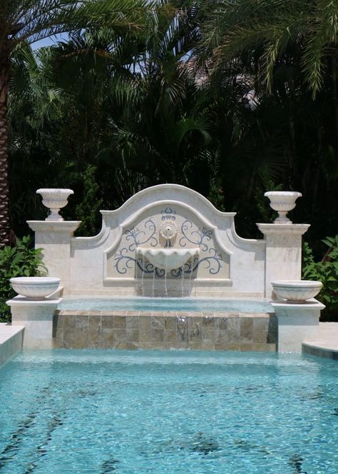 Marble Fountain Gardens, Pool With Fountain Wall, French Pool Design, Wall Fountains Backyard, French Pool, Modern Fountain, Garden Water Fountains, Backyard Fireplace, Herbs And Flowers