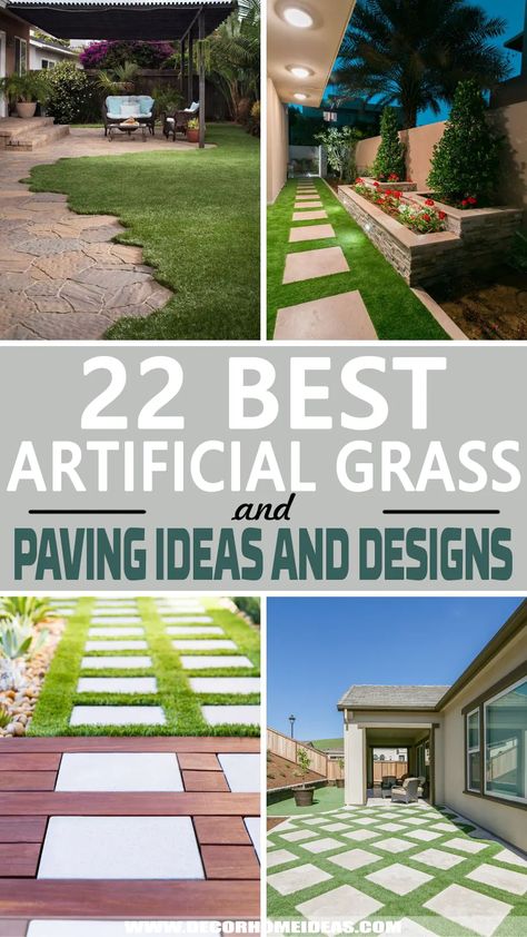 Artificial Turf And Pavers Ideas, Grass And Paving Ideas, Backyard Paver And Grass Ideas, Garden Ideas Artificial Turf, Paving Stones With Grass Between, Grass Outdoor Patio, Half Concrete Half Grass Backyard, False Grass Garden Ideas, Small Backyard Landscaping Astroturf