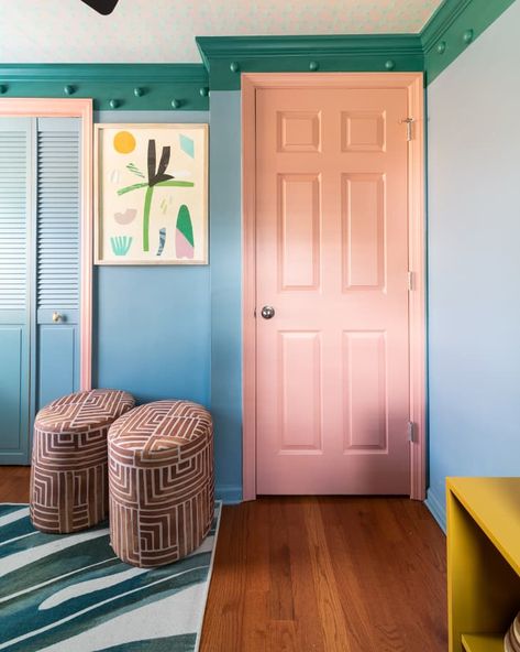 A Dull Gray Bedroom Gets a Color-Packed Makeover (With 8 Paint Colors!) Girl Bedroom Walls Paint, Closet Door Painting Ideas, Color Drenching Bedroom, Teal Kids Room, Kids Room Paint Ideas, Girls Room Paint Colors, Kids Bedroom Paint Colors, Purple Kids Room, Colorful Maximalism