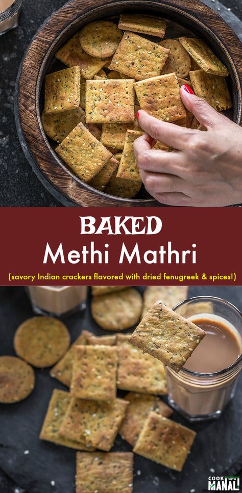 Baked Indian Snacks, Chai Indian, Savory Crackers, Mathri Recipe, Healthy Indian Snacks, Cracker Flavors, Savoury Crackers, Diwali Snacks, Fenugreek Leaves