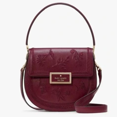 Kate Spade Reegan Botanical Embroidered Saddle Bag KH479 Blackberry Preserves, Burgundy Bag, Kate Spade Outlet, Inside Bag, Script Logo, Embroidered Bag, Saddle Bag, Metallic Logo, Kate Spade Bag