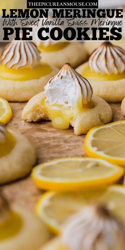 Lemon meringue pie cookies with lemon curd and Swiss meringue.