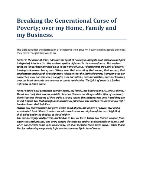 Prayer Against Spirit Of Poverty, How To Break Generational Curses, Prayer To Break Generational Curse, Prayer Against Curses, Breakthrough Prayers, Biblical Declarations, Breaking Generational Curses, Cycle Breaker, Family Prayers