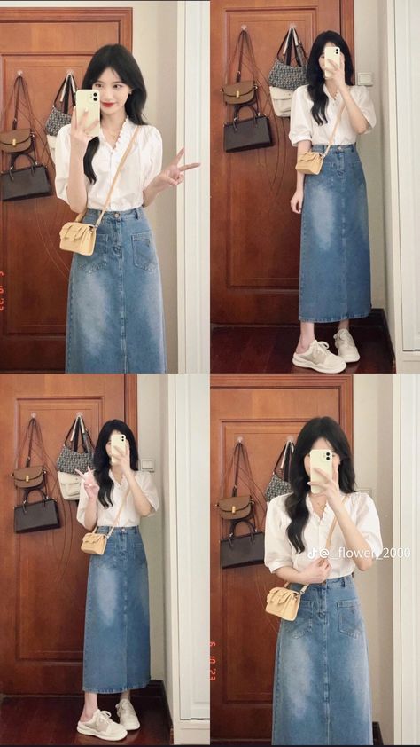 Vietnam Ootd, Ootd Rok Jeans, Outfit Long Skirt, Dress Natal, Outfit Rok, Skirt Ootd, University Outfits, Korea University, Ootd Korean