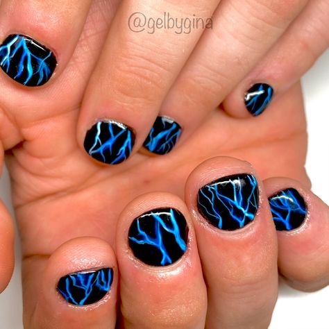 Blue Grunge Nails, Lightning Nails Designs, Blue Lightning Nails, Nail Designs For Guys, Blue Gel Nail Designs, Guy Nail Designs, Lightning Nail Art, Guys Nail Designs, Nail Designs For Men