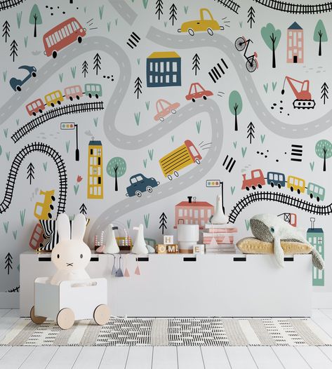 Wallpaper Playroom, Cars Mural, Playroom Mural, Train Wallpaper, Toddler Boy Room Decor, Playroom Wallpaper, Wallpaper Nursery, Tree Background, Kids Room Murals