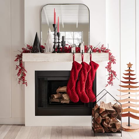 Iso Haus Christmas Stocking Hook + Reviews | Crate and Barrel Crate And Barrel Christmas, Stocking Hooks, Red Berry Wreath, Modern Lodge, Red Christmas Stockings, White Christmas Stockings, Red Christmas Decor, Fox Christmas, Cabin Christmas