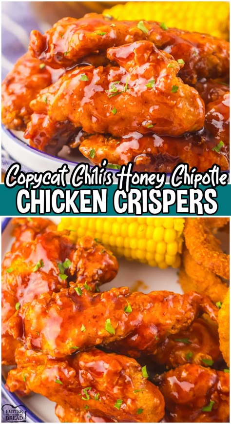 Copycat Chili's Honey Chipotle Chicken Crispers taste just like the real thing! Make this tasty version at home for an easy chicken dinner! Chipotle Chicken Crispers, Honey Chipotle Chicken Crispers, Honey Chipotle Sauce, Chicken Crispers, Smoked Meatloaf Recipe, Hardy Meals, Blood Pressure Recipes, Daiquiri Bar, Desserts At Home