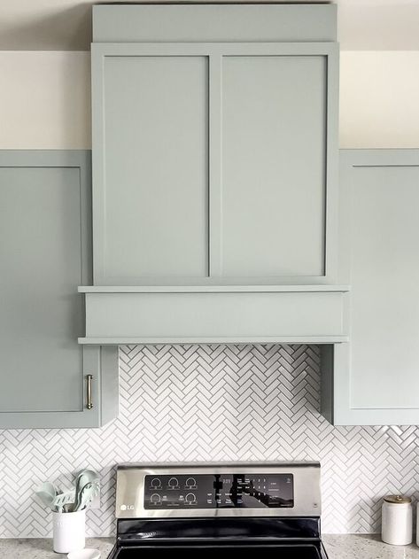 Updated Range Hood, Cabinet Style Range Hood, Covering Range Hood, Shaker Hood Cover, Shaker Range Hood Cover, Craftsman Range Hood Ideas, Small Kitchen Hoods, Custom Kitchen Hood Ideas Design, Diy Range Hood Cover Over Cabinets