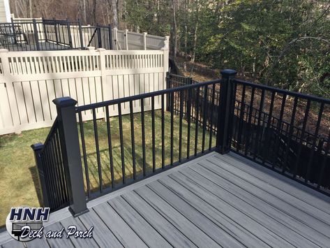 Grey Deck Paint, Paint Deck, Grey Deck, Black Railing, Vinyl Deck, Deck Railing Design, Railing Designs, Deck Makeover, Black Deck