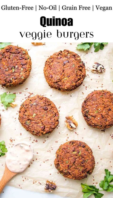 Quinoa burgers are a delicious vegan alternative to a classic burger. This veggie burger is easy to make, hearty, healthy, high in protein and gluten-free. Even meat eaters will love this quinoa patty…it’s THAT good! High Protein Veggie Burger, Quinoa Burgers Vegan, Quinoa Patty, Garden Burger, Broccoli Patties, Quinoa Veggie Burger, Veggie Burger Patties, Quinoa Burger, Healthy Pies