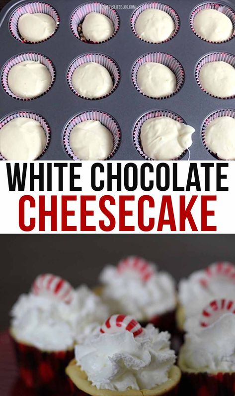 Mini White Chocolate Cheesecake Recipes, White Chocolate Mini Cheesecakes, Mini White Chocolate Cheesecake, White Chocolate Cheesecake Recipes, Chocolate Swirl Cheesecake, Chocolate Cheesecake Bites, Individual Cheesecakes, White Chocolate Peppermint, White Chocolate Cheesecake