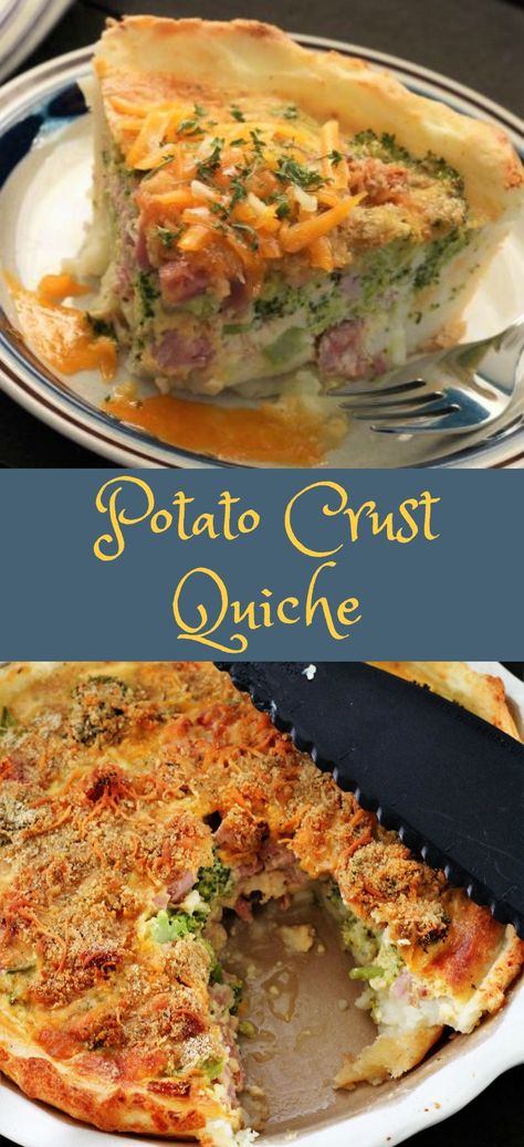 Potato crust quiche is a fast and easy dish to put together. It is perfect if you have any left over ham and potatoes. It tastes amazing.  This potato crust quiche recipe is perfect for that leftover ham! The crust is made out of potatoes so it works up really nice. The quiche is made with cheese, broccoli, ham, eggs, evaporated milk, salt, pepper, and bread crumbs. Place it in the oven and 50 minutes later you have on amazing dish. We like to eat it with some bread; it makes a very nice meal. Quiche With Potato Crust, Potato Crust Quiche, Ham And Potatoes, Quiche Recipes Crustless, Sweet Potato Crust, Leftover Baked Potatoes, Cheese Broccoli, Potato Crust, Ham Breakfast