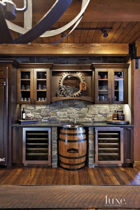 Basement Bar Idea Are Perfect For the Man Cave Log Bar Ideas, Outdoor Wet Bar Ideas, Bourbon Room Ideas Rustic, Basement Farmhouse Style, Stone Bar Ideas, Steampunk Basement, Bar Ideas For Home Living Rooms, Luxury Man Cave, Unique Bar Ideas