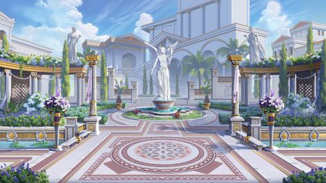 ArtStation - Greek garden, Z L Greek Kingdom, Fantasy Mansion Concept Art, Greek Concept Art, Mansion Art, Garden Concept Art, Greek Background, Greek City, Greek Garden Ideas, Greek Kingdom Fantasy Art