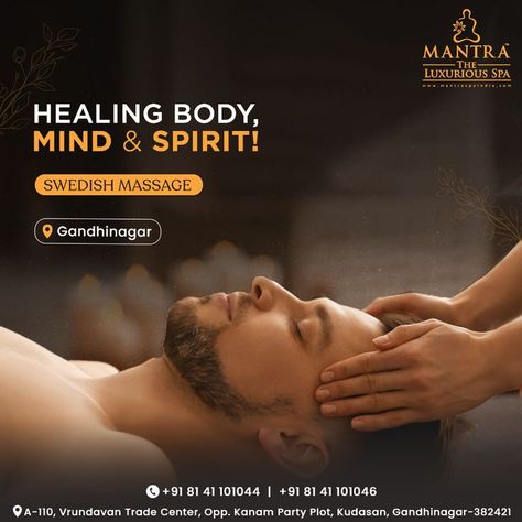 One of the primary benefits of Swedish massage is it helps improve your mental health. In this day and age of hustle culture, offering your body the rest it deserves is vital. Get in touch with us to know more about our services! Call: 8141101044 | 8141101046 #SwedishMassage #SpainGandhinagar #SpaTreatment #Massage #MassageTherapy #RelaxationMassage #SPA #Relax #Wellness #MassageTherapist #Health #Rejuvenate #SelfCare #SkinCare #FullBodyMassage #Love #Therapy #MantraLuxuriousSPA #Gandhinagar Massage Design Poster, Massage Poster Design Ideas, Massage Advertising Ideas, Massage Poster, Spa Ads, Spa Promo, Massage Images, Love Therapy, Ayurvedic Spa