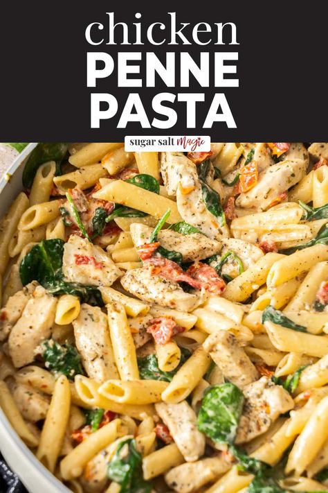 This creamy chicken penne pasta is a quick pasta dinner that’s easy, rich and so delicious. Loaded with tender chicken, sun dried tomatoes and spinach, it’s ready in under 30 minutes. Chicken Sun Dried Tomatoes, Quick Pasta Dinner, Tuscan Seasoning, Sun Dried Tomatoes And Spinach, Chicken Breast Pasta, One Pan Dinner Recipes, Chicken Penne Pasta, Sundried Tomato Pasta, Penne Pasta Recipes