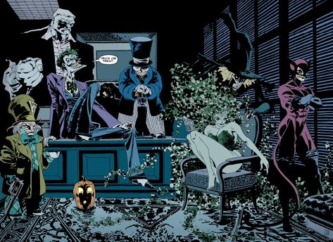 Mad Hatter, Joker, Solomon Grundy, Two Face, Penguin, Poison Ivy, Scarecrow, Catwoman (The Long Halloween) by Tim Sale Batman Story, The Long Halloween, Batman The Long Halloween, Batman Halloween, James Gordon, Batman Film, Gotham Villains, Greg Capullo, Frank Miller