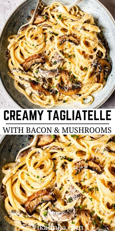 This creamy tagliatelle pasta tossed with bacon, portobello mushrooms and drizzled with a touch of truffle oil is a real winner. Add a bottle of great wine plus someone you love and you’ve got yourself a lovely date night in! Tagliatelle Recipe, Bacon Pasta Recipes, Pasta With Bacon, Tagliatelle Pasta, Simple Family Meals, Bacon Stuffed Mushrooms, Cozy Dinner, Bacon Pasta, Pasta Dinners