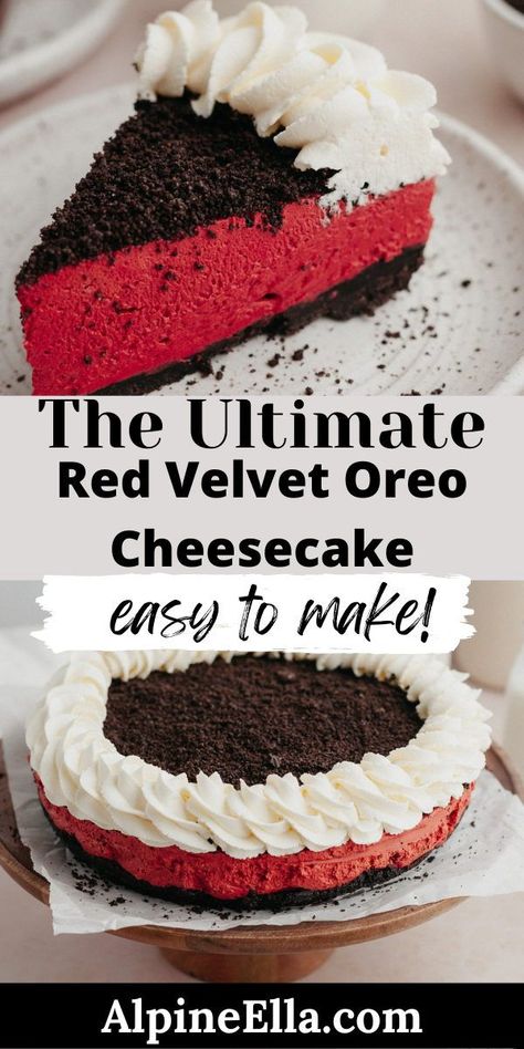 This is the creamiest no bake red velvet Oreo cheesecake. It has an Oreo cookie crust, a delicious red velvet cheesecake filling, and is topped with crushed Oreos and homemade whipped cream. It takes just 15 minutes to prepare this no bake cheesecake. Cookies N Cream Red Velvet Brownies, Red Velvet Cake With Oreos, Cheesecake Filling No Bake, Sweetie Cookies, No Bake Red Velvet, Oreo Cheesecake No Bake, Red Velvet Oreo Cheesecake, Ultimate Cheesecake, Cheesecake No Bake