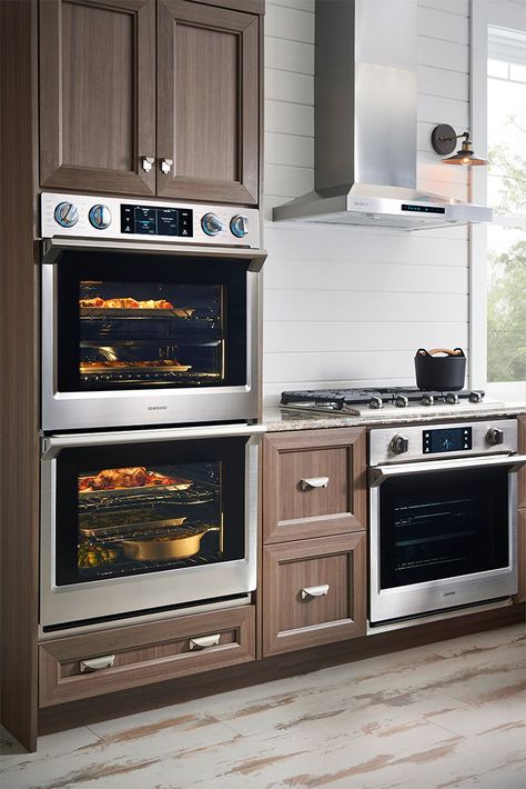 Wall Oven Kitchen, French Mediterranean, Double Oven Kitchen, Double Electric Wall Oven, Oven Kitchen, Electric Wall Oven, Wood Kitchen Cabinets, Kitchen Oven, Built In Microwave