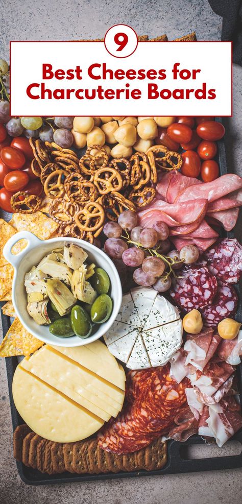 A beautifully arranged charcuterie board featuring creamy Brie, sharp cheddar, savory gouda, and artisan meats like salami and prosciutto. Paired with fresh grapes, olives, crunchy pretzels, cherry tomatoes, and marinated artichokes, it offers a mix of flavors and textures. Perfect for gatherings, this board is a feast for the eyes and taste buds, ideal for cheese lovers. Olive And Cheese Charcuterie Board, Charcuterie Board Manchego, Charcuterie Board Cheese List, Best Cheese For A Charcuterie Board, Goat Cheese On Charcuterie Board, Elegant Cheese Board, Cheese Pairings Charcuterie, Cheeseplate Cheese Boards, Best Cheeses For Charcuterie Board