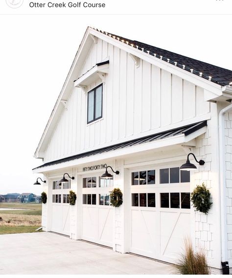 Garage Door Awnings Exterior, Garage Overhang Ideas, Metal Awning Over Garage Door, Garage Awning Ideas Exterior, Roof Over Garage Door, Garage Awning Ideas, Farmhouse Garage Door Ideas, Awning Over Garage Door, Modern Farmhouse Garage Doors