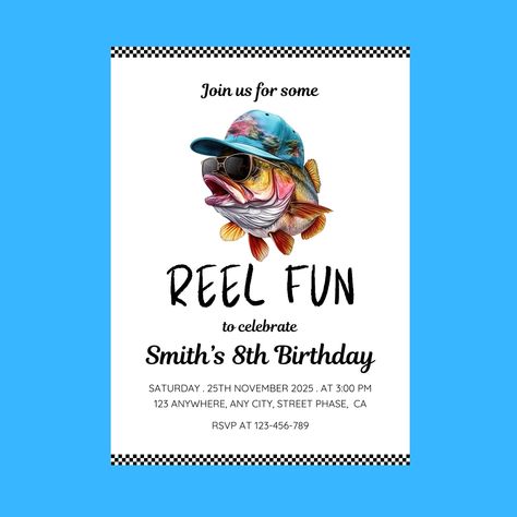 PLEASE NOTE: THIS IS A DIGITAL DOWNLOAD PRODUCT, NO PHYSICAL PRODUCT WILL BE SHIPPED WHAT YOU WILL RECEIVE: 1 CANVA TEMPLATE Make your little angler's birthday unforgettable with our bass fishing birthday invitation! Perfect for any fishing enthusiast, this fish birthday invite sets the tone for a fun-filled celebration that will have everyone reeling in the fun. With our instant download option, you can quickly access this editable fish invite, allowing you to customize all the details for your boys' fishing party. Whether it's a "gone fishing" theme or simply celebrating "the big one," this digital invitation is both printable and easy to personalize. Don't miss out on throwing an unforgettable fish birthday party--grab your boys fishing invite today and get ready for a day of excitement Fishing Theme Birthday Invitations, 5th Birthday Fishing Theme, Fish Birthday Party, Fishing Invitations, Fishing Theme Birthday, Fishing Birthday Invitations, Birthday Fishing, Fish Birthday, Bday Party Invitations