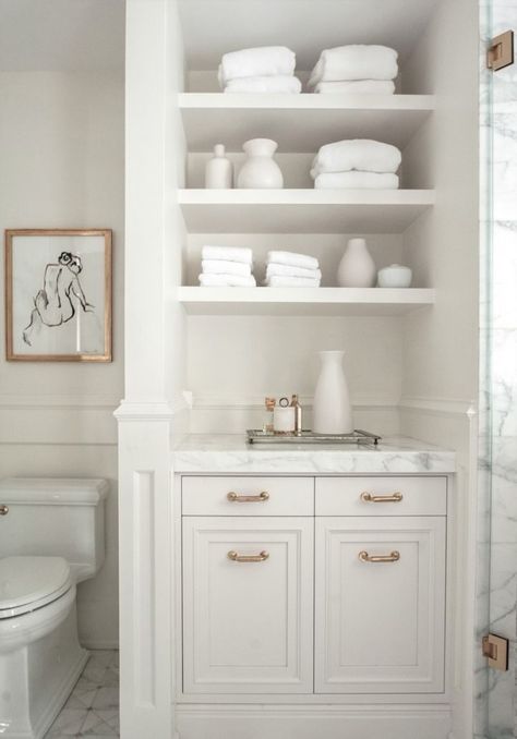 Water Closet Storage Built Ins, Concealed Laundry In Bathroom, Built Ins Around Toilet, Open Shelves Bathroom Vanity, Toilet Nook In Bathroom, Bathroom Built In Linen Cabinet, Built In Bathroom Cupboard, Bathroom Builtin Cabinets, Built In Bathroom Vanity Cabinets