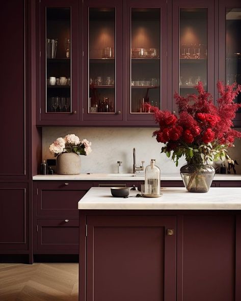 Burgundy Cabinets, Red Kitchen Cabinets, Kitchen Cabinet Inspiration, Kitchen Cabinet Color Ideas, Holiday Living Room, Herringbone Wood, Purple Kitchen, Dream Kitchens Design, Rich Burgundy