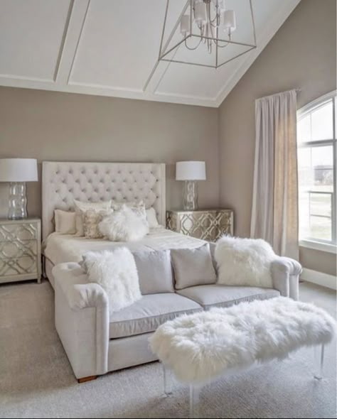 Tan Bedroom, All White Bedroom, Tan Walls, Bedroom With Sitting Area, White Bedroom Decor, White Bedroom Furniture, Dekorasi Kamar Tidur, Design Blogs, Trendy Bedroom