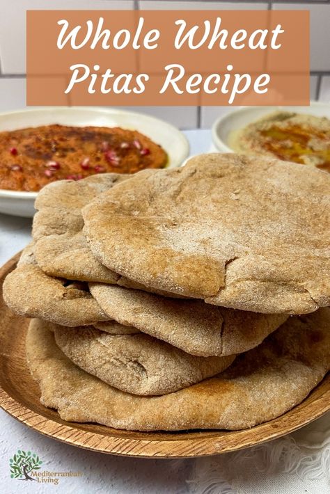 Whole Wheat Pita Bread via @eatlivemed Mediterranean Bread Healthy, Meditranian Diet, Whole Wheat Pita Bread Recipe, Whole Wheat Flat Bread, Mediterranean Dips, Medditeranean Diet, Jen Garner, Mediterranean Flatbread, Mediterranean Lunch