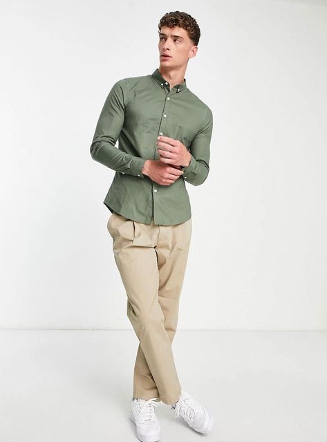 Khaki Outfit Men, Sage Green Shirt, Khakis Outfit, Business Casual Dress Code, Outfit Ideas For Church, Latina Outfit, Mens Sleeve, Brown Pants, Green Outfit