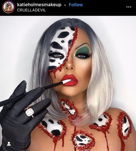 Creepy Cruella Deville Makeup, Cruella Deville Costume Black Woman, Cruella Halloween Makeup, Cruella Deville Makeup Halloween, Lady Bug Makeup, Pop Art Halloween Makeup, Cruella Makeup, Cruella Deville Makeup, Doll Makeup Halloween