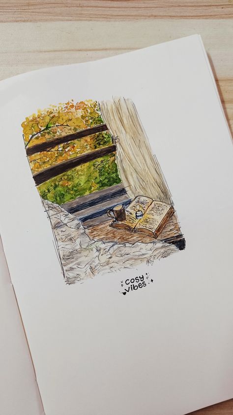 Ink aketching & watercolor painting #fallseason #autumn #window #vintageaesthetics #cozycorner #books #september September Watercolor, Ink And Watercolor Art, Autumn Window, Watercolor Silhouette, Cosy Vibes, Art Leaves, Ink And Watercolor, Fall Watercolor, Creative Corner