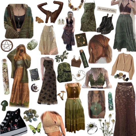 fairycore, green witch, witchy vibes Witchy Earthy Outfits, Earth Witch Outfit Aesthetic, Boho Witch Capsule Wardrobe, Green Witch Clothing Aesthetic, Cottagecore Punk Outfits, Fairycore Outfit Board, Hippy Inspired Outfits, Whimsigoth Green Outfit, Witchy Aesthetic Clothing