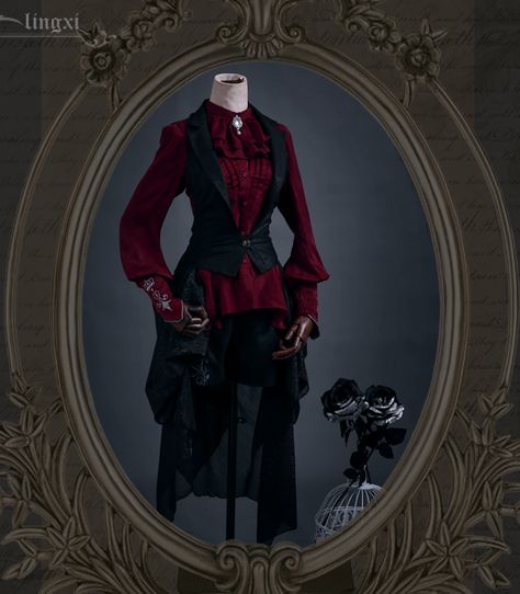 Female Victorian Suit, Red And Black Victorian Suit, Vampire Outfit Aesthetic Victorian, Victorian Vampire Outfit Men, Red Ouji Fashion, Victorian Gothic Outfits Men, Old Victorian Clothes, Vampiric Clothing, Gothic Red Outfit