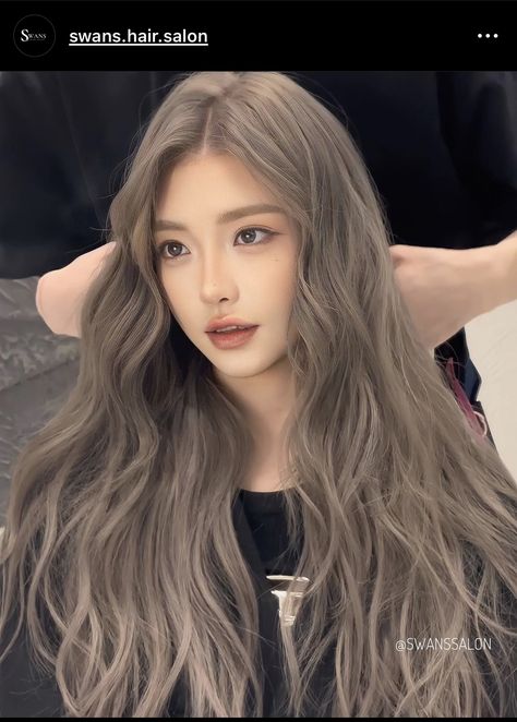 Milk Tea Gray Hair Color, Soft Ash Blonde Balayage, Ash Blonde Hair Asian, Grey Ash Hair, Cool Toned Hair Color Ideas, Ashy Balayage On Black Hair, Greige Hair Color, Ash Brunette Hair, Cool Tone Hair Color