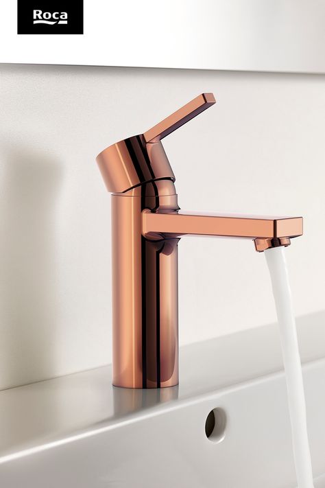 Rose Gold single lever faucet mounted to white ceramic washbasin with white wall behind. Roca Home Blanket, Rose Quartz Sink, Roca Ona Bathroom, Roca Bathroom, Brass Mixer Tap Bathroom, Lusso Stone Basin, Basin Mixer, Bathroom Space, The Rose